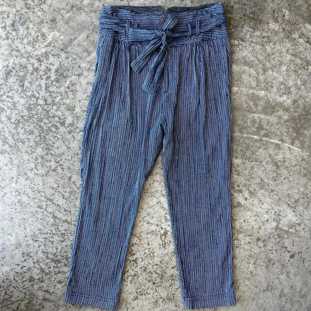 Free People Navy Blue Striped High Rise Tie Waist Capri Trousers Women's 6